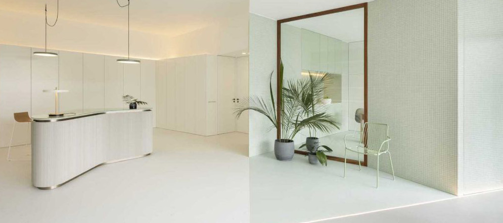 Proposta degli interni dello studio: reception luminosa e spazio accogliente.